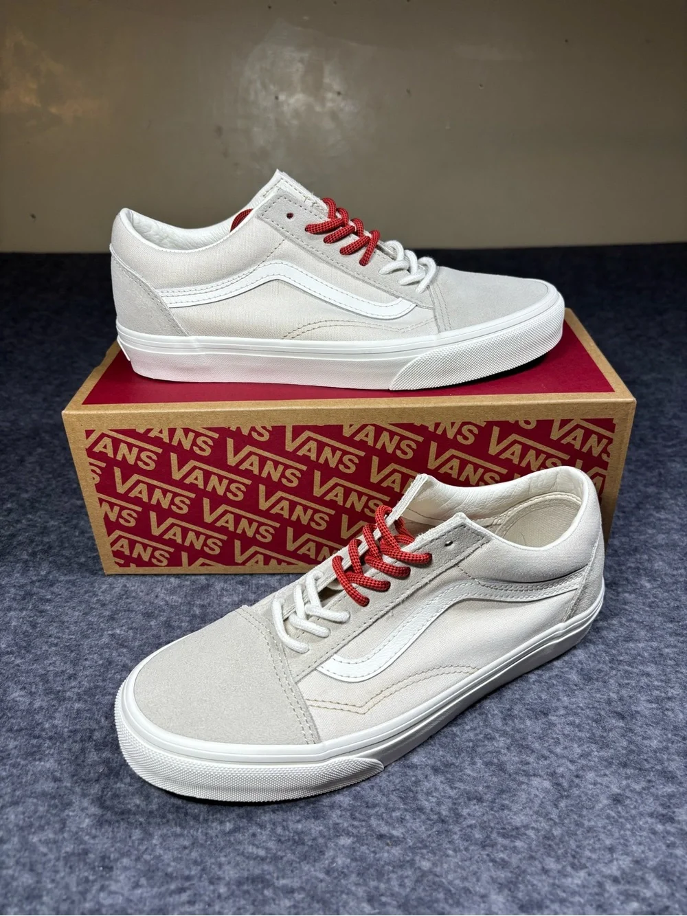 New Vans Old Skool Sneakers in White with Red Laces